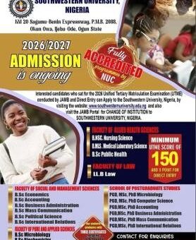 Southwestern University, Nigeria Post-UTME/DE 2026: Cut-off mark, Eligibility and Registration Details