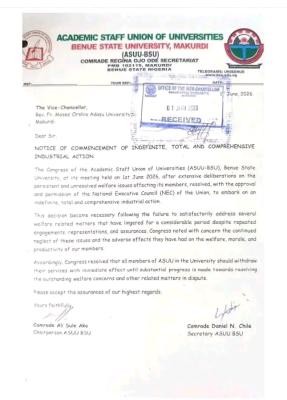 BSU ASUU chapter embarks on strike over unresolved welfare issues
