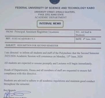 Federal University of Science & Tech. Kabo announces resumption for second semester, 2025/2026