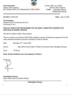 UNIJOS announces orientation programme for fresh students, 2025/2026