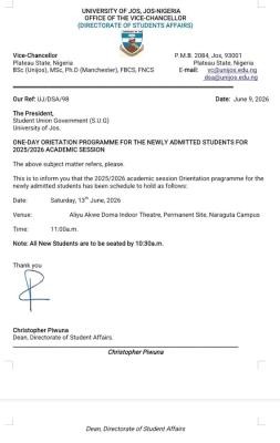 UNIJOS announces orientation programme for fresh students, 2025/2026