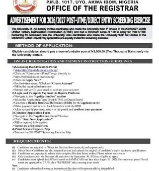UNIUYO Post-UTME 2026: Cut off mark, Eligibility and Registration Procedures