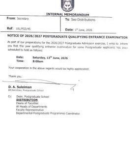 UNILORIN notice on 2026/2027 Postgraduate Qualifying Entrance Examination