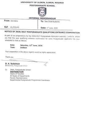 UNILORIN notice on 2026/2027 Postgraduate Qualifying Entrance Examination