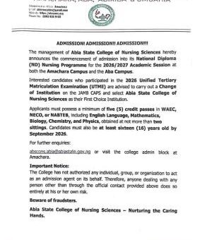 Abia State College of Nursing Sciences ND Nursing Admission form, 2026/2027