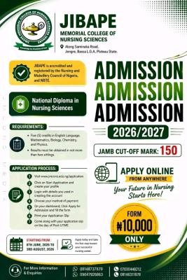 Jipabe Memorial College of Nursing Sciences ND Nursing Admission form, 2026/2027