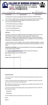College of Nursing Sciences, Maiduguri releases Post-UTME Admission form, 2026/2027