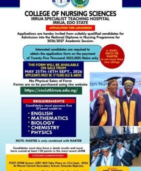 Irrua Specialist Teaching Hospital College of Nursing Sciences Admission form, 2026/2027