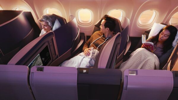 See inside United’s first ultra-premium long-haul Airbus jet. It has sliding doors and a walk-up snack bar.
