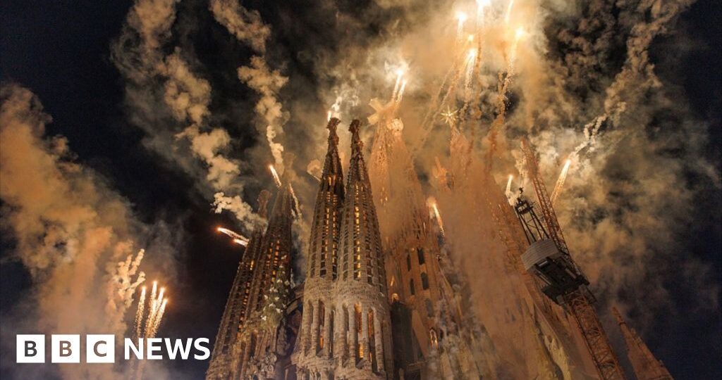 Fireworks illuminate Barcelona's Sagrada Família during Pope visit