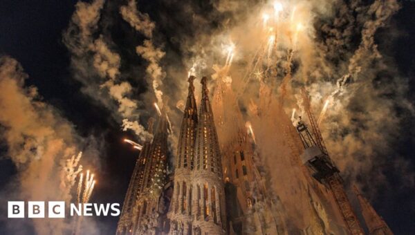 Fireworks illuminate Barcelona’s Sagrada Família during Pope visit