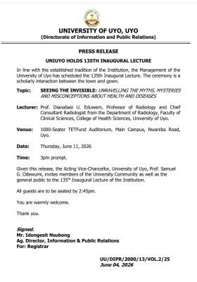 UNIUYO holds 135th Inaugural Lecture