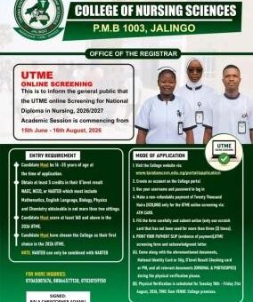 Taraba State College of Nursing Sciences ND Nursing Admission form, 2026/2027