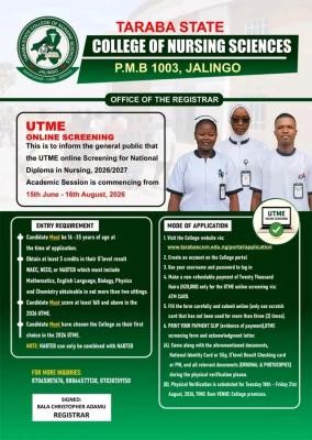 Taraba State College of Nursing Sciences ND Nursing Admission form, 2026/2027