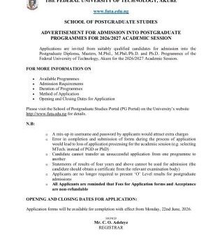 FUTA Postgraduate admission form, 2026/2027