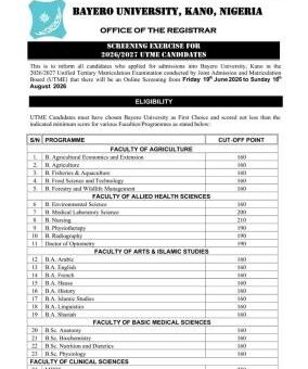 BUK Post-UTME/DE 2026: Cut-off mark, Eligibility and Registration Details