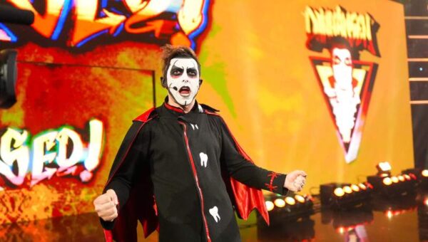 WWE star Danhausen reacts as the New York Knicks lose to the San Antonio Spurs