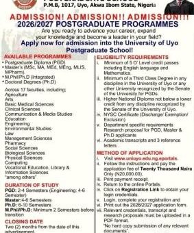 UNIUYO Postgraduate Admission form, 2026/2027