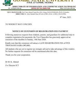 GSU notice on Extension of Registration fee Payment, 2025/2026 session