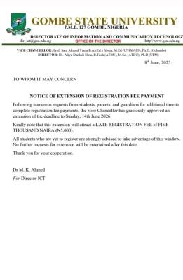 GSU notice on Extension of Registration fee Payment, 2025/2026 session