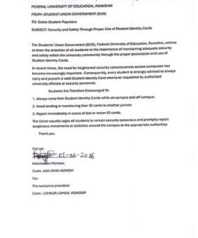 Federal University of Education, Pankshin SUG issues security notice to students