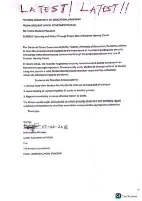 Federal University of Education, Pankshin SUG issues security notice to students