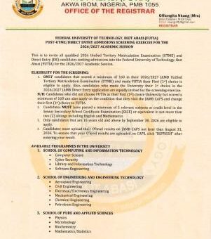 FUTIA Post-UTME/DE 2026: Cut-off mark, Eligibility and Registration Details