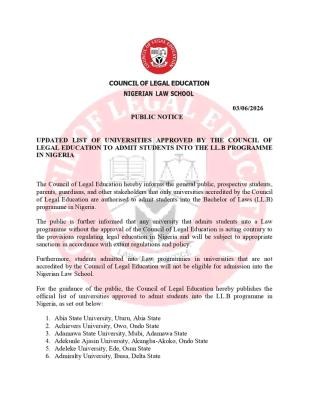 Council of Legal Education releases updated list of approved Law Universities