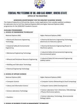 Federal Polytechnic of Oil & Gas, Bonny ND/HND Admission form, 2026/2027