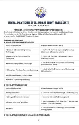 Federal Polytechnic of Oil & Gas, Bonny ND/HND Admission form, 2026/2027