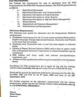 College of Agriculture, Science & Tech. Lafia Postgraduate Diploma Admission form, 2026/2027