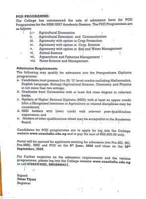College of Agriculture, Science & Tech. Lafia Postgraduate Diploma Admission form, 2026/2027