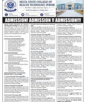 Delta State College of Health Tech. Ovrode ND/Certificate Programme Admission form, 2026/2027
