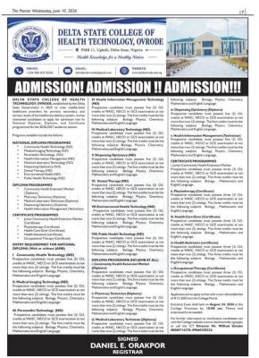 Delta State College of Health Tech. Ovrode ND/Certificate Programme Admission form, 2026/2027