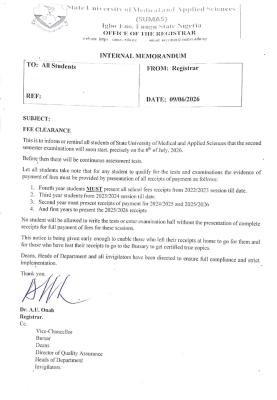 SUMAS issues urgent notice on mandatory fee clearance ahead of second semester exams