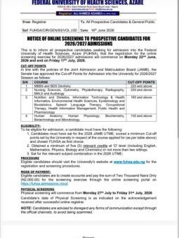 FUHSA Post-UTME/DE 2026: Cut-off mark, Eligibility and Registration Details