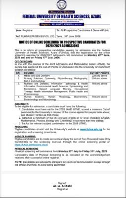 FUHSA Post-UTME/DE 2026: Cut-off mark, Eligibility and Registration Details