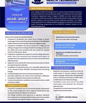 Ikirun College of Health Technology admission form, 2026/2027