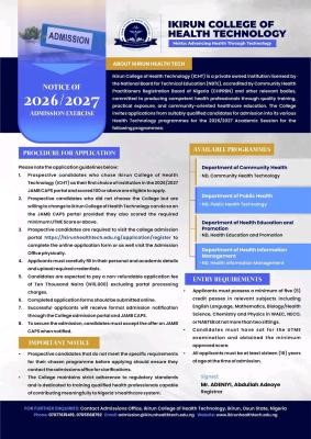 Ikirun College of Health Technology admission form, 2026/2027