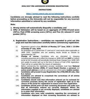 UNILORIN Post-UTME/DE 2026: Cut-off mark, Eligibility and Registration Details