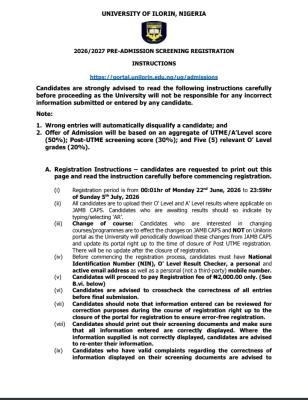 UNILORIN Post-UTME/DE 2026: Cut-off mark, Eligibility and Registration Details