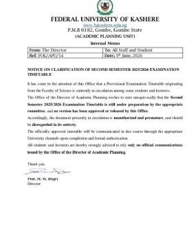 FUKASHERE issues important clarification regarding second semester exam timetable, 2025/2026