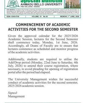 ABU Zaria notice on commencement of 2nd semester, 2025/2026