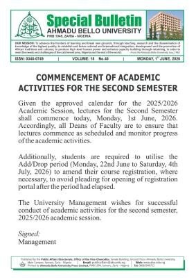 ABU Zaria notice on commencement of 2nd semester, 2025/2026