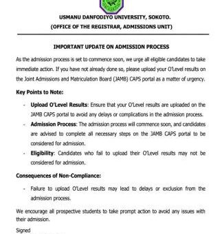 UDUSOK update on admission process, 2026/2027
