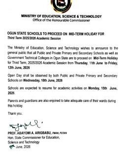 Ogun State Schools announces 3rd term Mid-term Holiday, Thursday