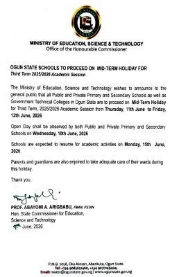 Ogun State Schools announces 3rd term Mid-term Holiday, Thursday