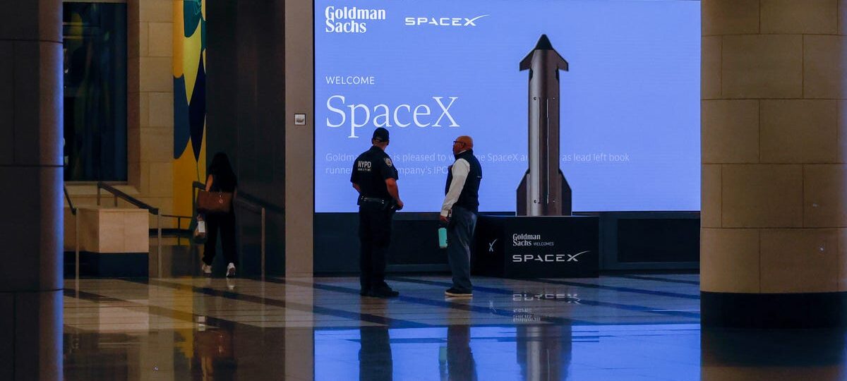 Photos show the lobbies of Goldman Sachs and Morgan Stanley decked out in SpaceX gear ahead of IPO