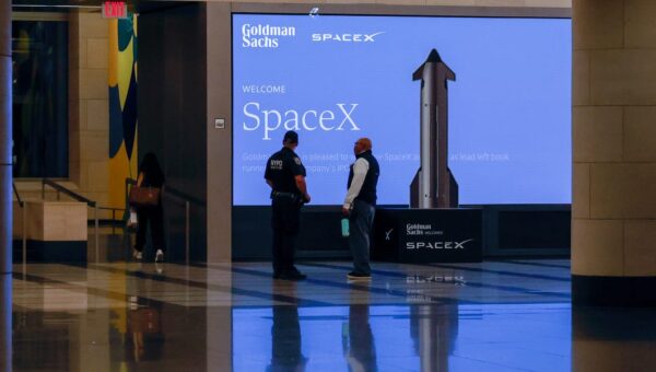 Photos show the lobbies of Goldman Sachs and Morgan Stanley decked out in SpaceX gear ahead of IPO