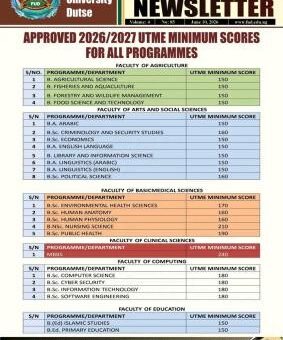 FUDUTSE releases approved admission cut-off marks, 2026/2027